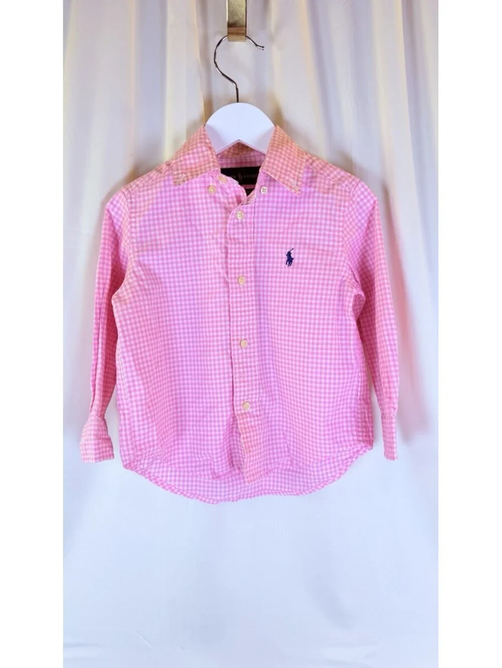 Ralph Lauren Polo 2T Pink Checked Long Sleeve Button Down Shirt Stretchy Preppy
